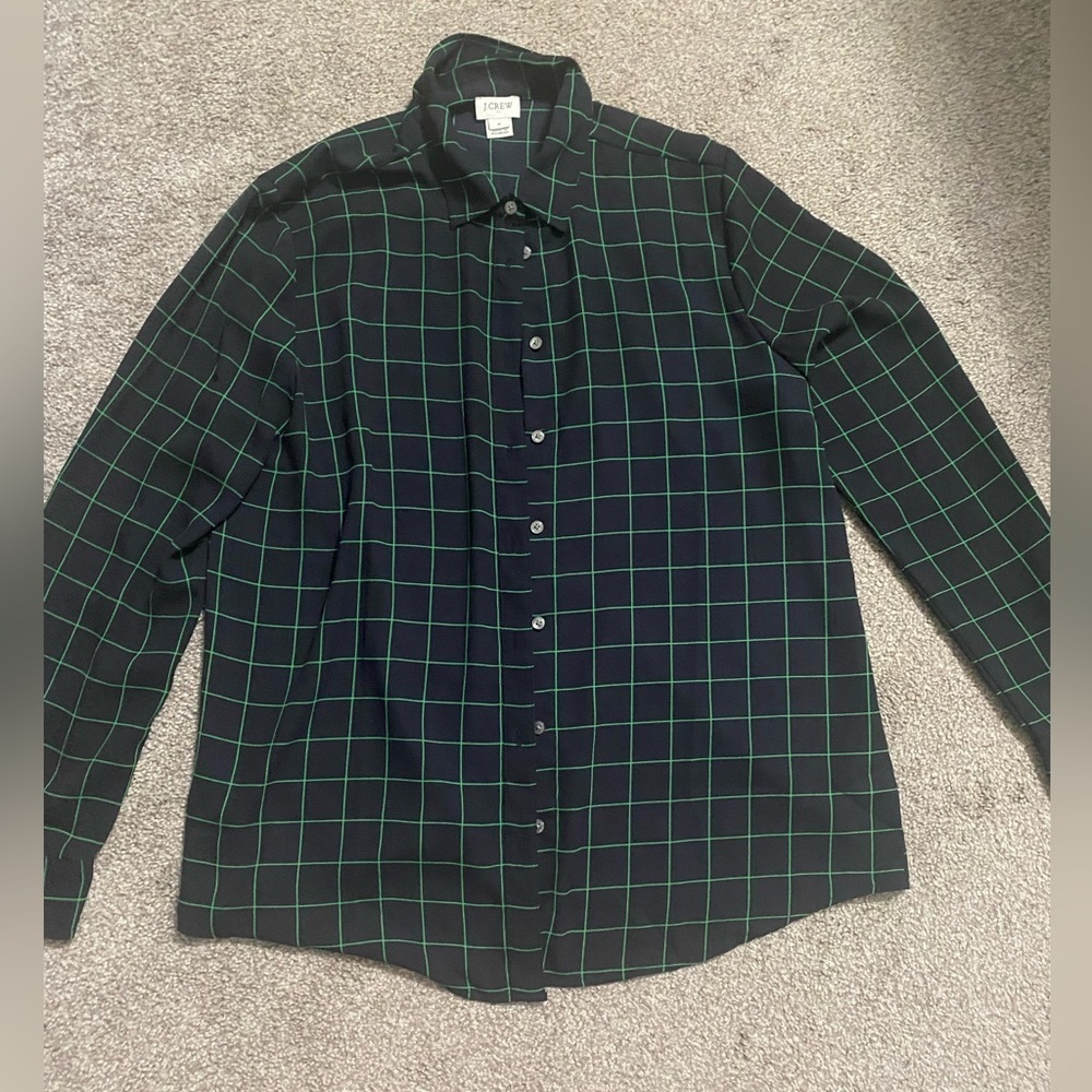 J crew women’s navy blue and green long sleeve button up blouse, medium​​​​